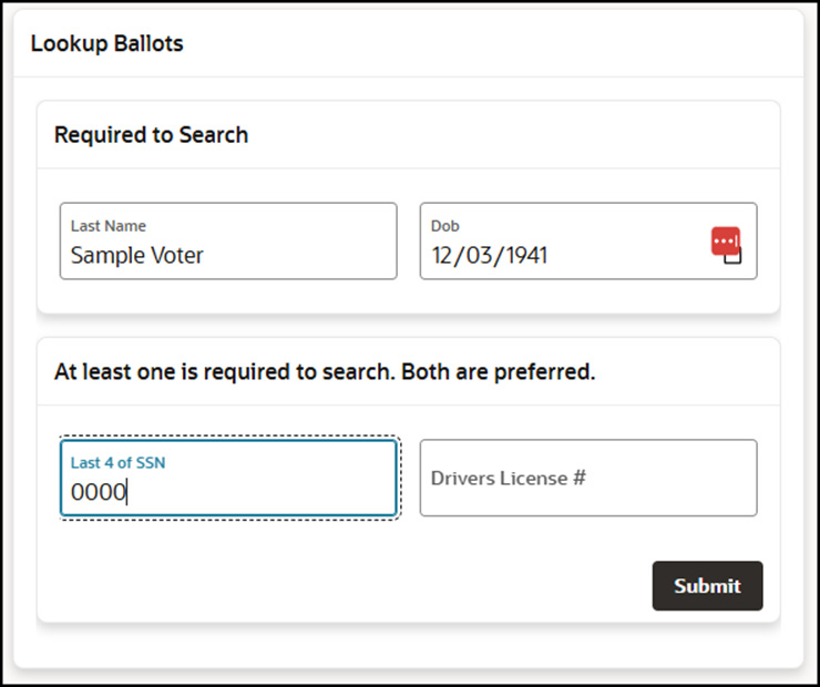 The Lookup Ballots form filled in with sample voter data: last name 'Sample Voter', date of birth 12/03/1941, last four of SSN '0000'.